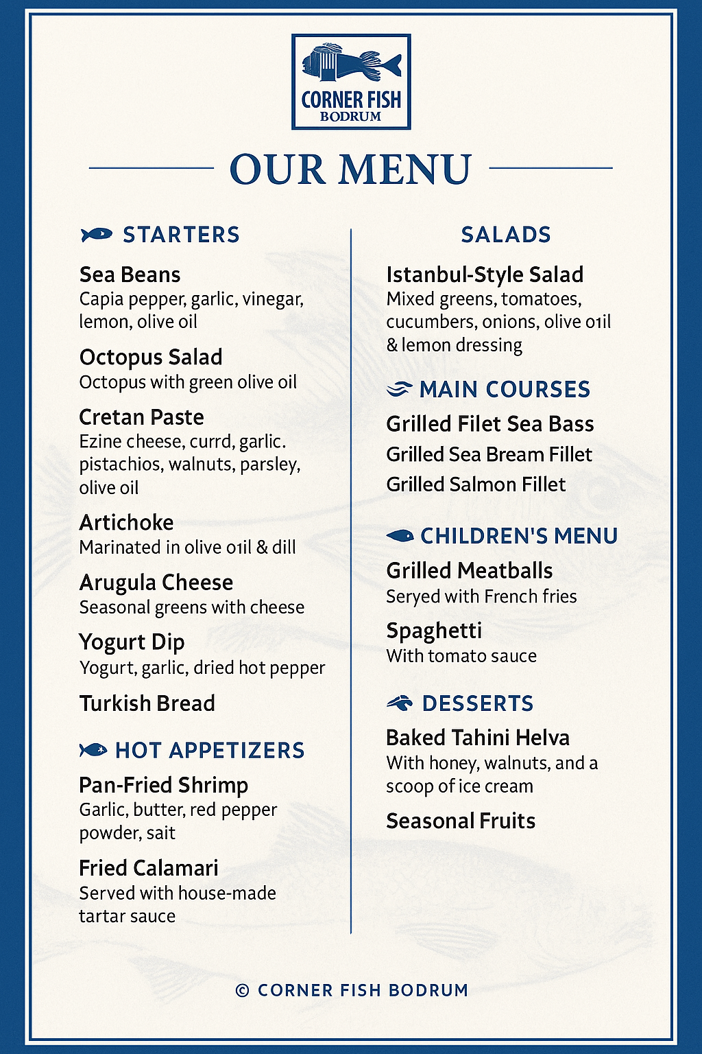 Corner Fish Bodrum Menu